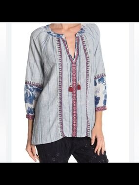 Johnny Was 3J Workshop Striped Floral Embroidered Peasant Blouse Boho Tassel